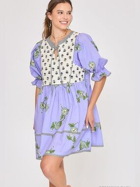 #154 Lavender Floral Puff Sleeve Babydoll Dress